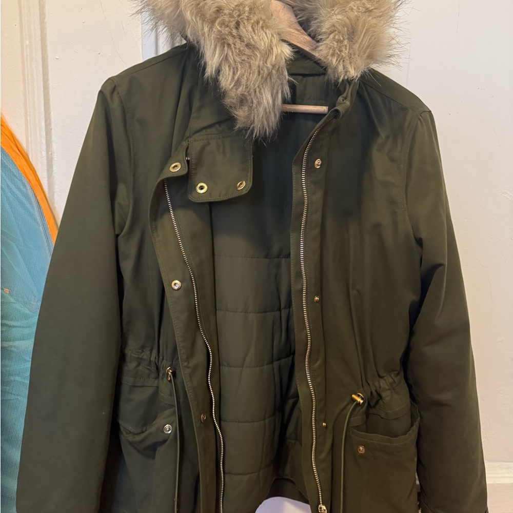 Zara Olive Green Parka with Faux Fur Hood